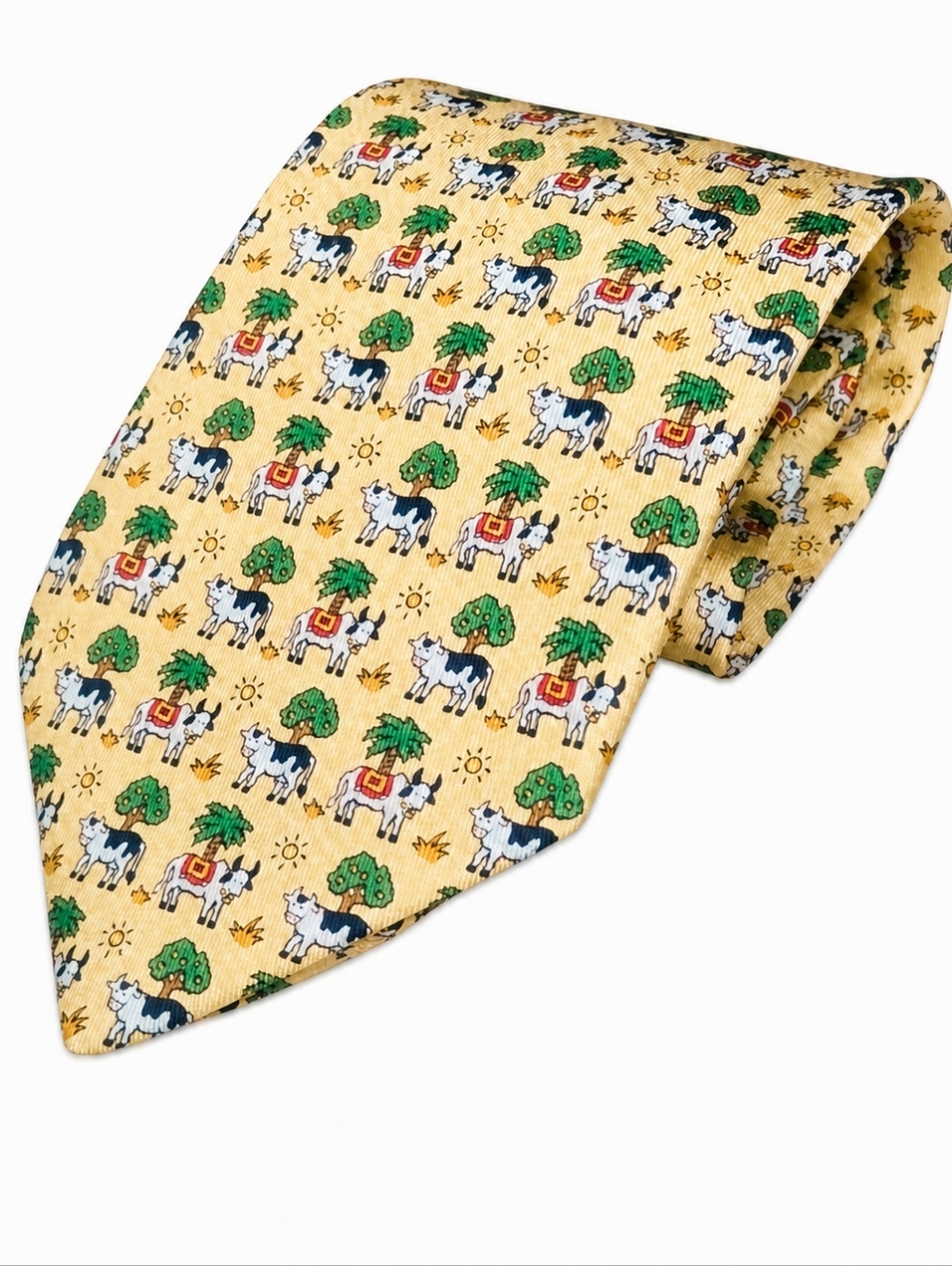 HERMES | Silk Tie Made in France Cow Animal Palm Tree Print Yellow